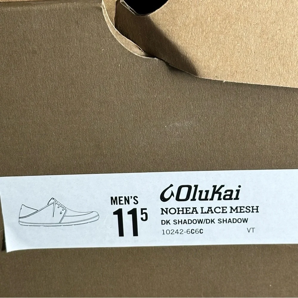 Olukai NIB Men’s Size 11.5 Dark Shadow Gray Nohea Mesh Lace Up Boat Shoes